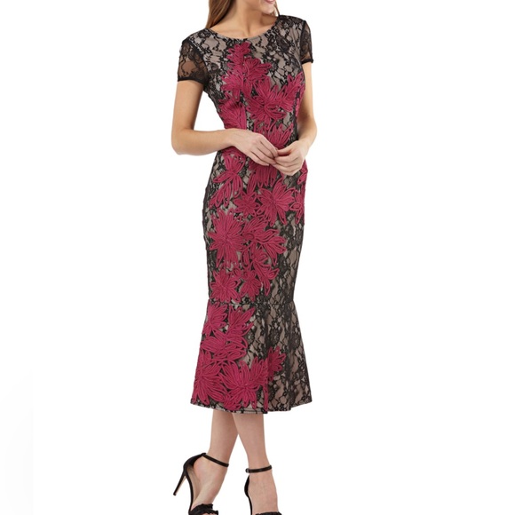 JS Collection Embroidered Lace Midi Dress in Black and Pink - Picture 3 of 12